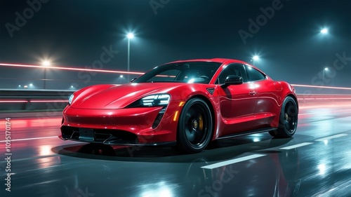 Red Electric Sports Car Driving at Night