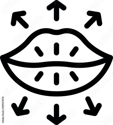 Simple black and white icon of mouth breathing showing inhalation and exhalation process with arrows