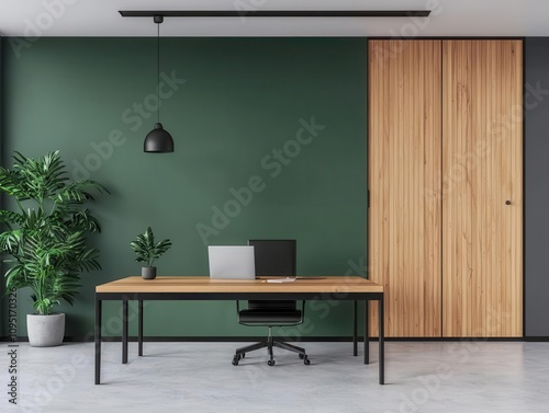 Office with modular shelving, underdesk storage, and efficient space utilization, modern office interior design, functional design photo