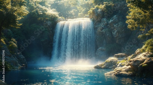 A serene waterfall cascading into a tranquil pool surrounded by lush greenery.