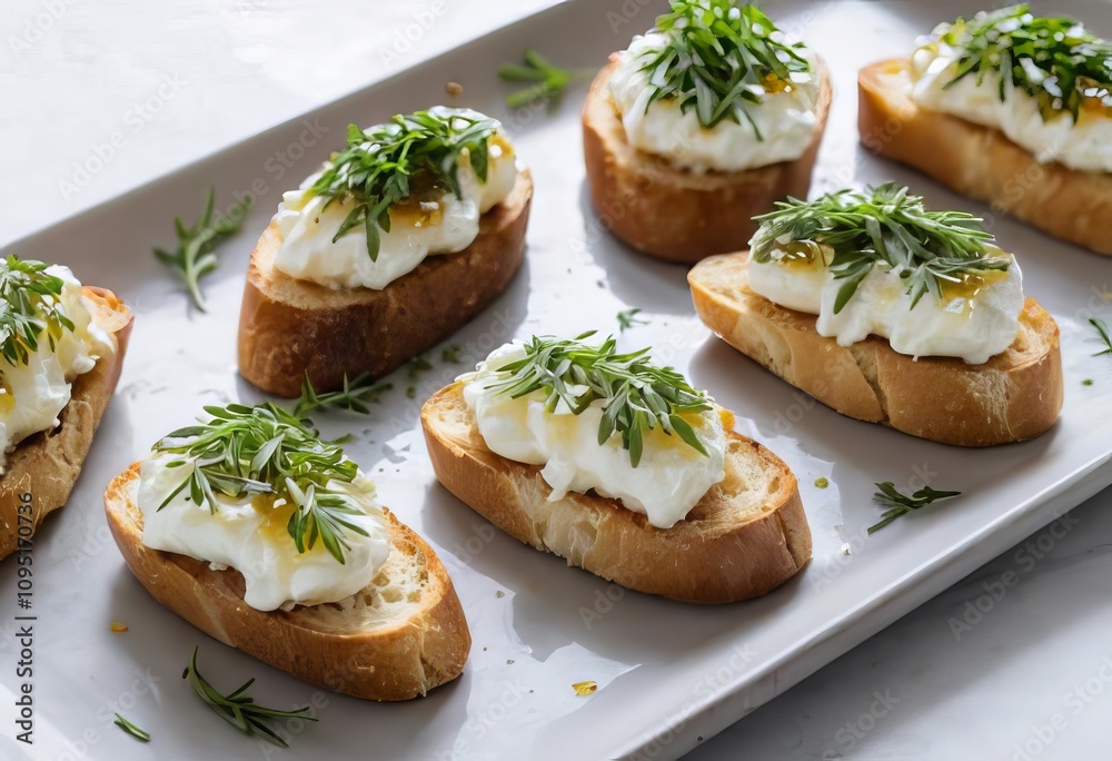 A close-up of a crostini topped with goat cheese, honey, and herbs A close-up of a crostini topped with goat cheese, honey, and herbs