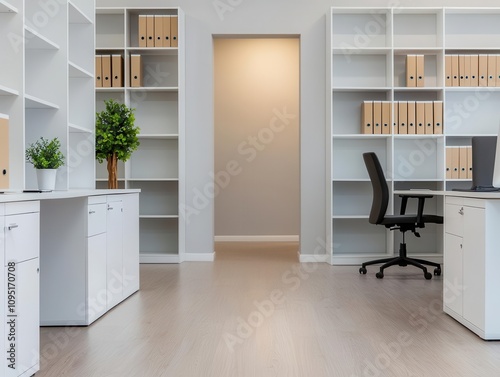 Office with modular shelving, underdesk storage, and efficient space utilization, modern office interior design, functional design