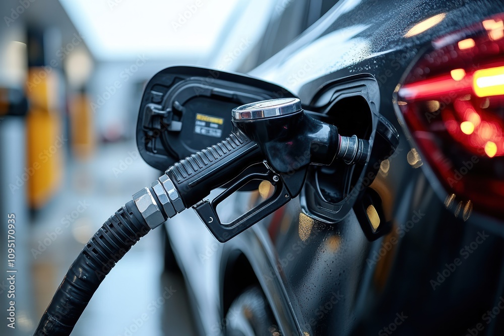 Gas station fueling a car, focusing on refueling process, Gas station fueling a car, focusing on refueling process,