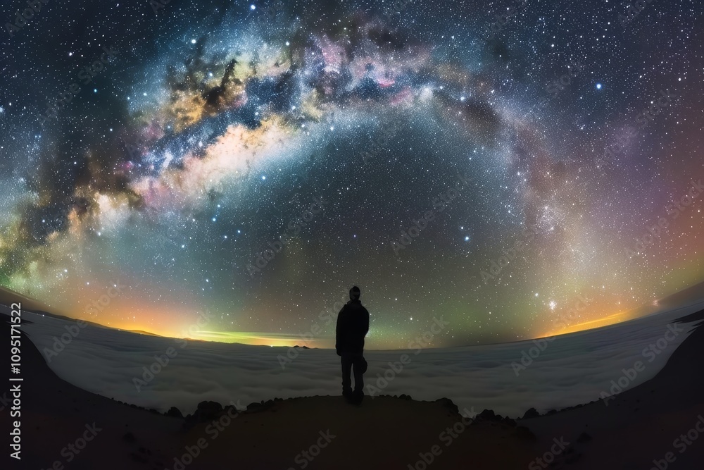 A lonely person looking into the stunning sky with stars and planets. A lonely person looking into the stunning sky with stars and planets.