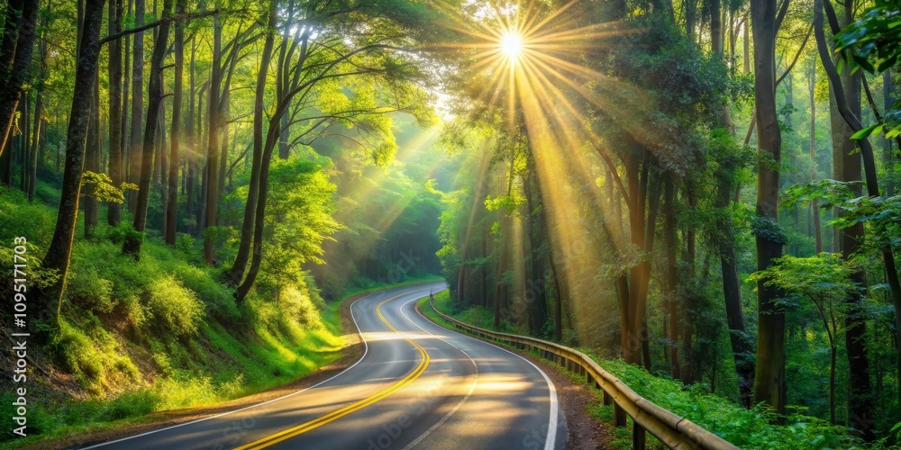 Sunbeams Through the Trees A Winding Road in a Lush Forest Sunbeams Through the Trees A Winding Road in a Lush Forest