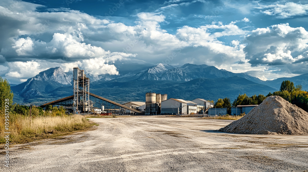 Obraz premium Industrial sand and stone processing facility with mountains, clouds, and a dirt road during daylight