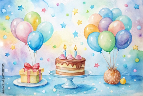 Watercolor Hand-Painted Illustrations for Baby Boy Birthday with Bokeh Effect on White Background, Celebrating Joyful Moments in Soft Pastel Colors for Kids’ Parties and Celebrations