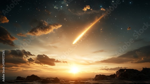 A glowing comet streaking across a starry night sky, celestial glowtime, aweinspiring and cosmic photo