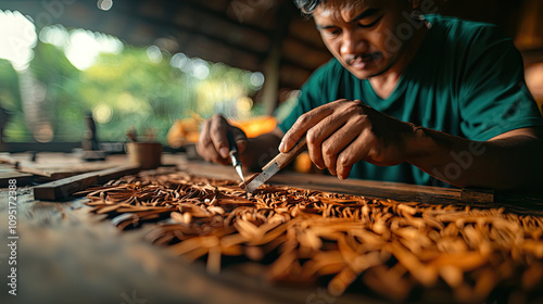 A craftsman meticulously carves intricate designs into wood, showcasing traditional artistry in a serene workshop environment. photo