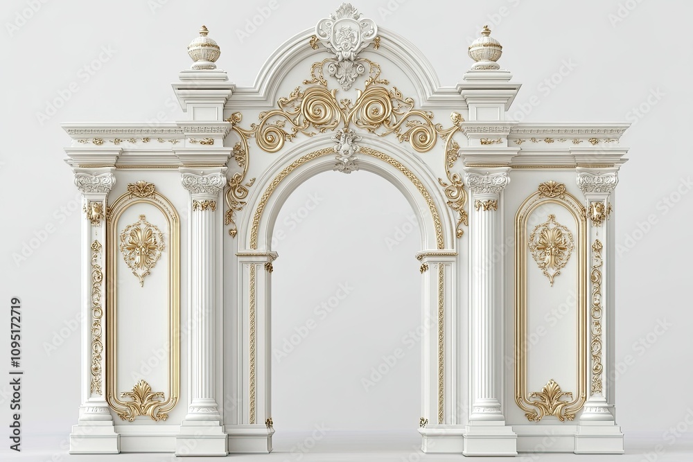 white and cream royal arch gate architecture with golden intricate royal carvings on white background white and cream royal arch gate architecture with golden intricate royal carvings on white background