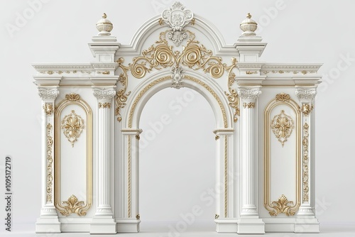 white and cream royal arch gate architecture with golden intricate royal carvings on white background 