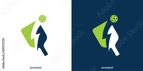 Simple Pickleball Logo with a Combination of Paddle or Racket, Ball and Lightning Icon Graphic. Pickleball Power Logo Design Template.