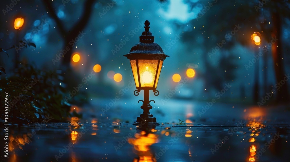 A glowing lantern illuminates a rainy street, reflecting warm light on wet pavement. A glowing lantern illuminates a rainy street, reflecting warm light on wet pavement.