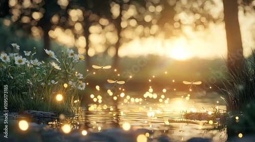 Glowing fireflies dancing around a peaceful pond at twilight, nature s glowtime, tranquil and soothing scene