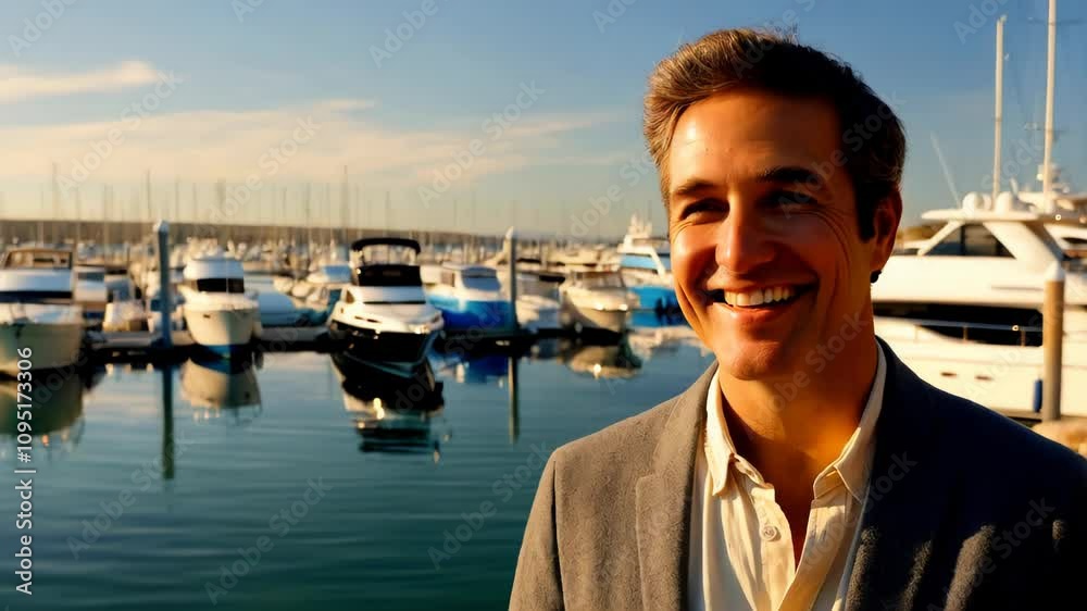 Smiling man enjoying a sunny day at the marina with boats in the background Smiling man enjoying a sunny day at the marina with boats in the background