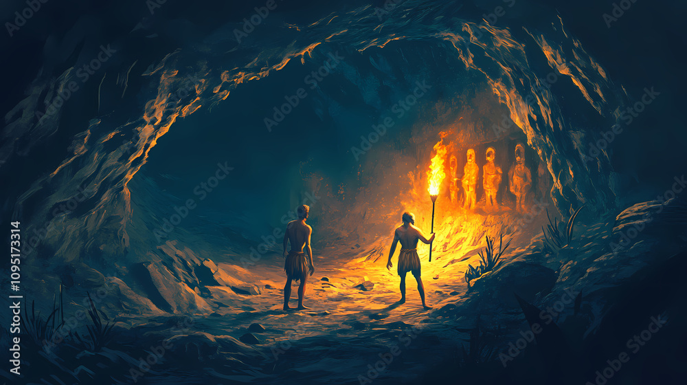 Primitive cavemen wore animal skins and explored caves at night. hold the torch and look at the paintings on the wall. Flaming Torch Cave. Illustration Primitive cavemen wore animal skins and explored caves at night. hold the torch and look at the paintings on the wall. Flaming Torch Cave. Illustration