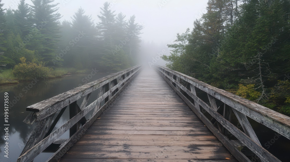 wooden bridge that goes into a misty forest wooden bridge that goes into a misty forest