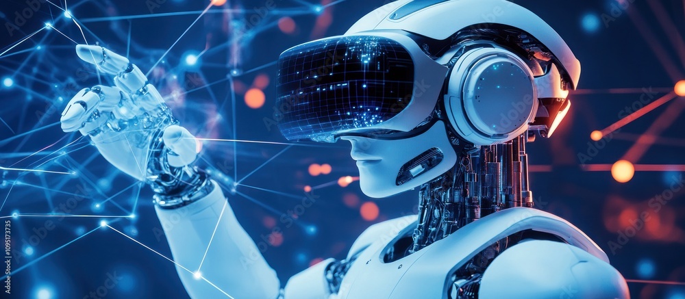 Fototapeta premium Futuristic robot wearing VR headset interacts with digital network.