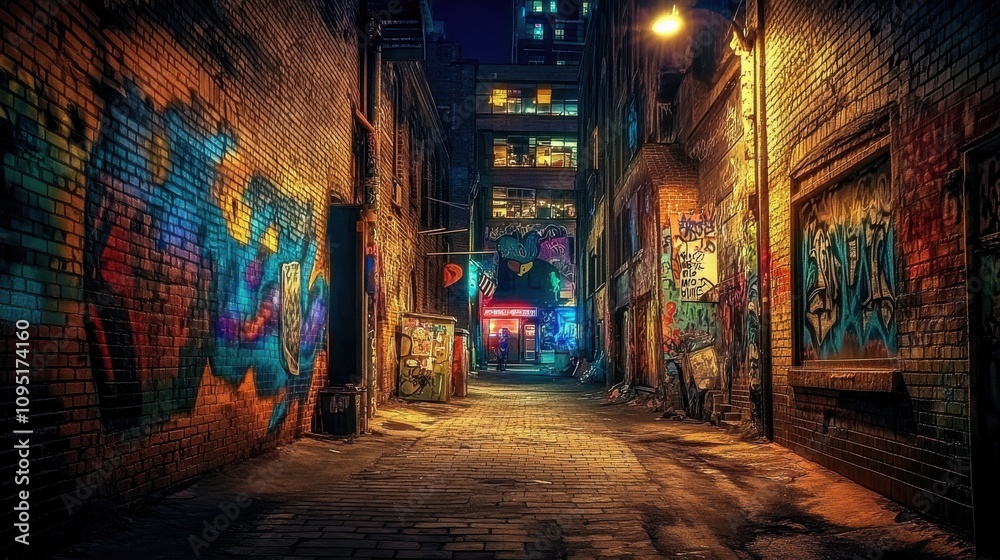Fototapeta premium A narrow alleyway showcases colorful graffiti art along brick walls. Trash and debris are scattered on the ground, emphasizing urban decay and creativity.
