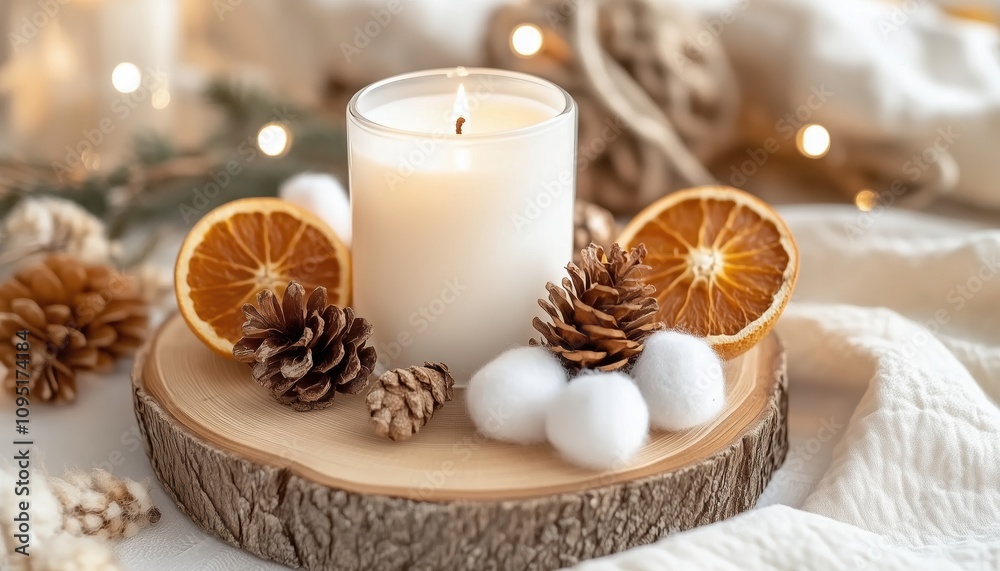 Eco-Friendly Rustic Christmas Decor For Family Dinner: White Candle, Dry Orange, Cone, Cotton Center Piece For A Cozy Wooden Atmosphere. Close-Up Detail Included! Eco-Friendly Rustic Christmas Decor For Family Dinner: White Candle, Dry Orange, Cone, Cotton Center Piece For A Cozy Wooden Atmosphere. Close-Up Detail Included!