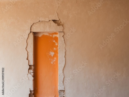 Cracked Plaster Wall Revealing Orange Underlayer in an Old Interior Setting During Daylight. photo