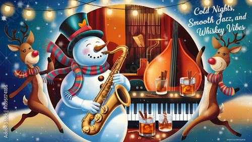 Snowman saxophonist with reindeer and cozy holiday vibes.