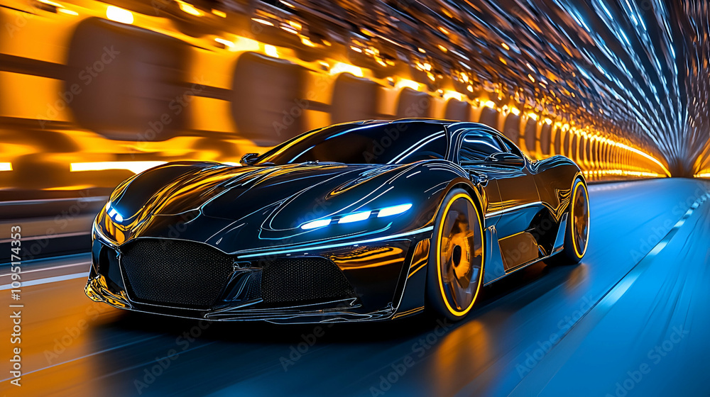 Naklejka premium A sleek black supercar accelerates through a vibrant illuminated tunnel, showcasing dynamic motion and modern design.