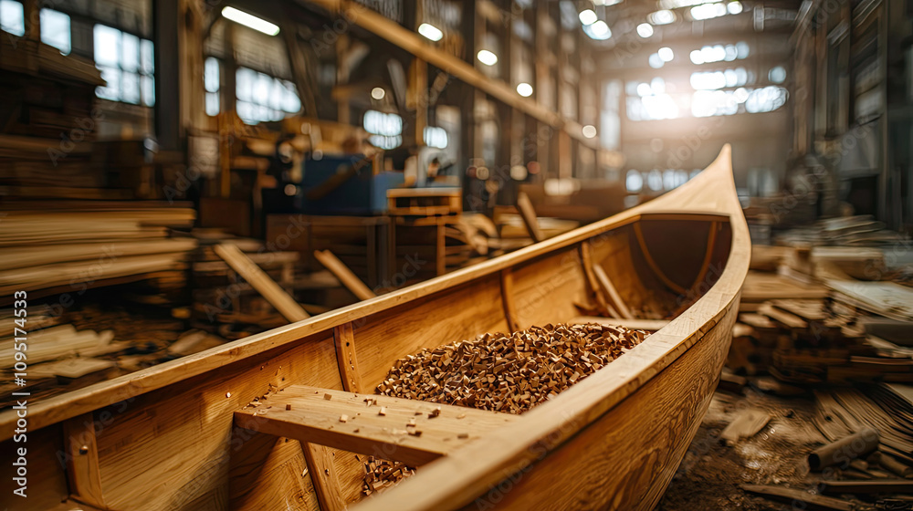 A close-up view of a wooden boat under construction in a workshop, surrounded by tools and materials, illuminated by soft sunlight. A close-up view of a wooden boat under construction in a workshop, surrounded by tools and materials, illuminated by soft sunlight.