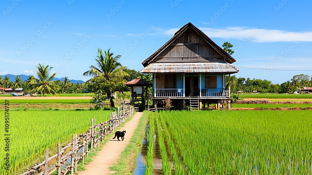 Black Cat Walking on a Dirt Path Through Lush Green Rice Paddies and a Wooden House Black Cat Walking on a Dirt Path Through Lush Green Rice Paddies and a Wooden House