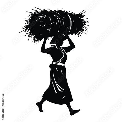 a person carrying a large bundle of hay on their head. The person is wearing a traditional conical hat and a long skirt,