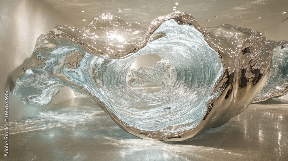 A large, wave-like sculpture made of clear material, reflecting light in an art gallery. A large, wave-like sculpture made of clear material, reflecting light in an art gallery.
