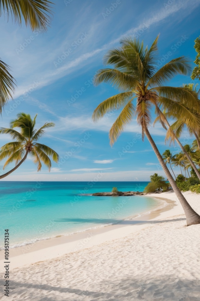 Fototapeta premium Tropical Paradise Beach with Turquoise Waters and Palm Trees.