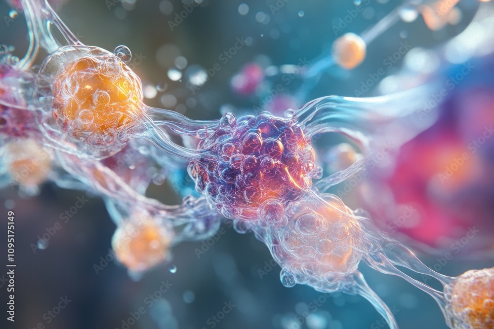 Obraz premium Microscopic view of interconnected cancer cells, vibrant colors, detailed textures.