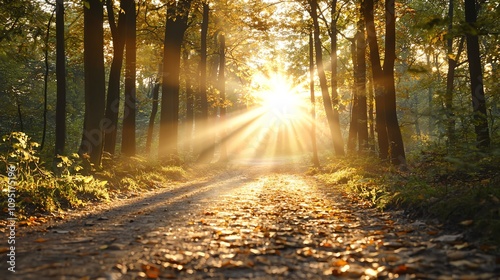 Radiant golden hour sunbeams illuminating a quiet forest path, natures glowtime, peaceful and inspiring landscape photo