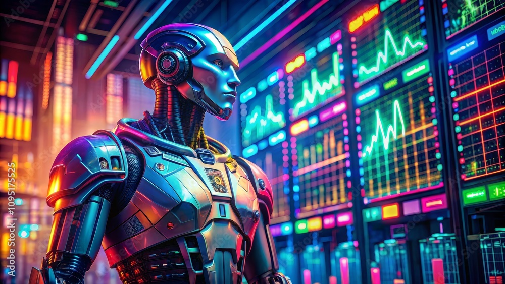 The Rise of AI A Metallic Android Surrounded by Neon Data Displays in a Cyberpunk City The Rise of AI A Metallic Android Surrounded by Neon Data Displays in a Cyberpunk City