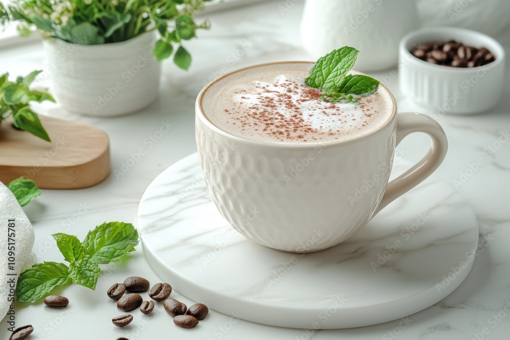 coffee aesthetics, a peppermint mocha coffee on white marble in a modern kitchen with soft lighting and room for text coffee aesthetics, a peppermint mocha coffee on white marble in a modern kitchen with soft lighting and room for text