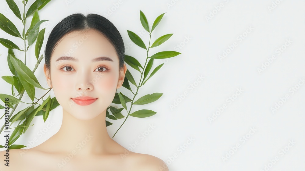 Fototapeta premium A serene portrait of a woman with a natural look, surrounded by lush green leaves against a clean background.