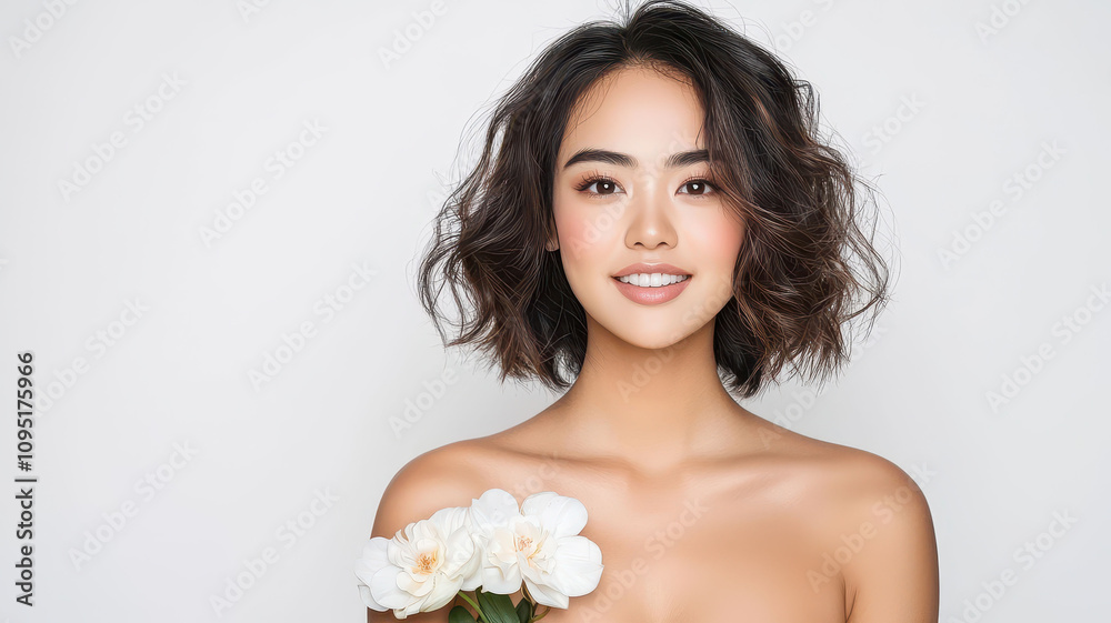 A smiling woman holds a bouquet of white flowers, radiating beauty and confidence in a minimalist setting. A smiling woman holds a bouquet of white flowers, radiating beauty and confidence in a minimalist setting.