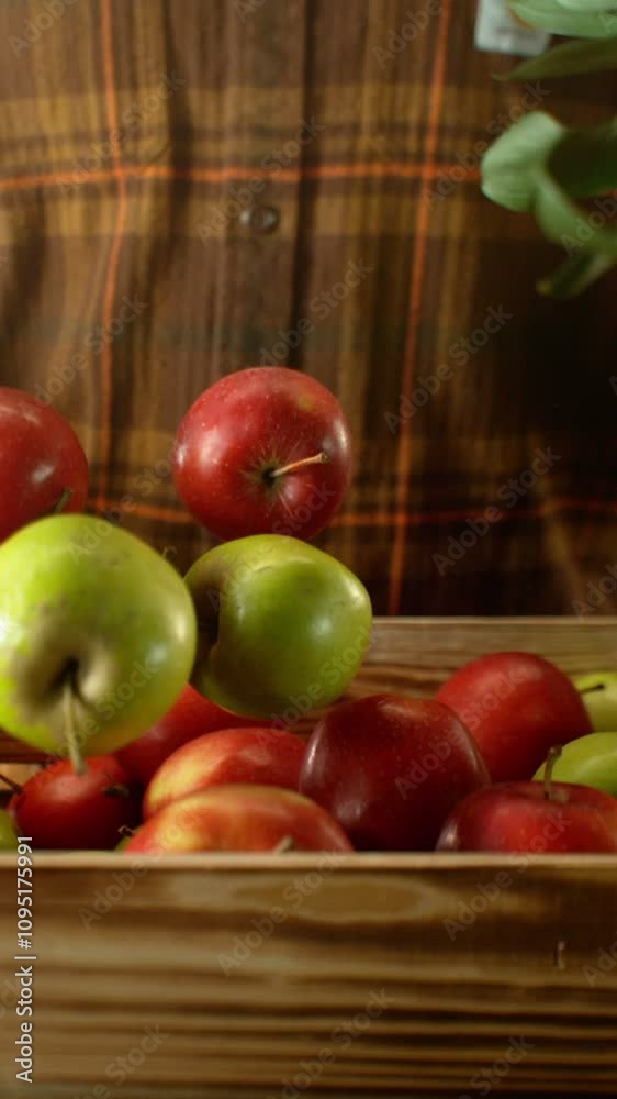 Super Slow Motion of Falling Apples into Wooden Box. Farmer Holding Box, Orchard on Background. Fresh Fruit Harvest. Filmed on High Speed Cinema Camera, 1000 fps. Vertical Aspect Ratio.