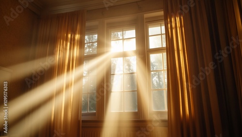 Sunlight streams through a window, illuminating the room with warmth.