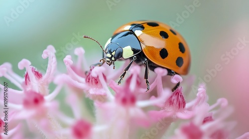 A captivating macro shot of a ladybug resting delicately on the soft pink petals of a flower showcasing the intricate and beautiful details of nature s enchanting world photo