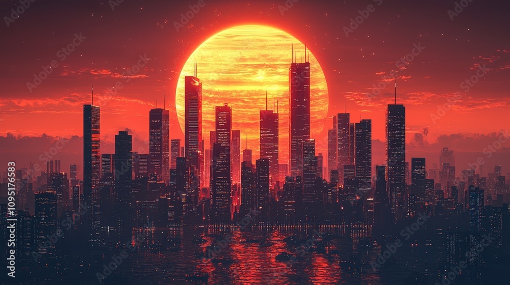 Fototapeta premium Futuristic Mars Cityscape Red Sunset Giant Planet Skyline