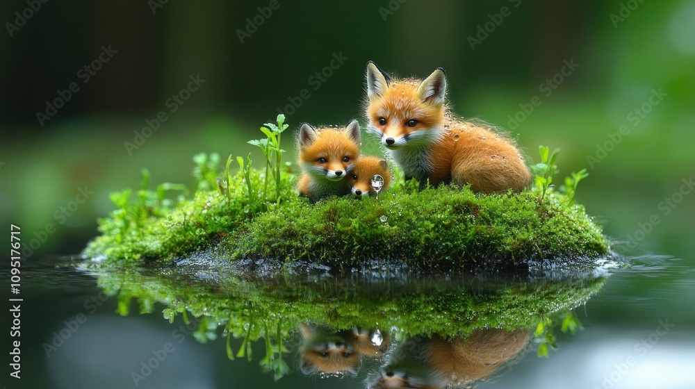 Fototapeta premium Two foxes resting on a small green island surrounded by water, reflecting their image.