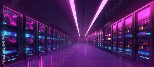 Futuristic server room with neon lights and data displays.