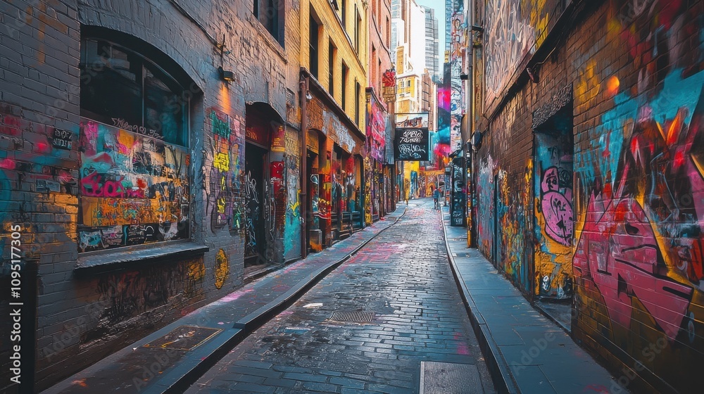 Fototapeta premium A narrow alleyway showcases colorful graffiti art along brick walls. Trash and debris are scattered on the ground, emphasizing urban decay and creativity.