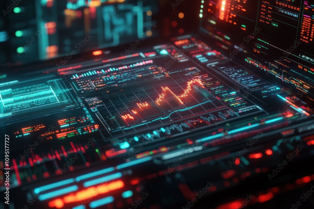 Here's a possible and keyword list for your stock photo.. Futuristic stock market data visualized on a digital interface with glowing graphs and charts. Here's a possible and keyword list for your stock photo.. Futuristic stock market data visualized on a digital interface with glowing graphs and charts.
