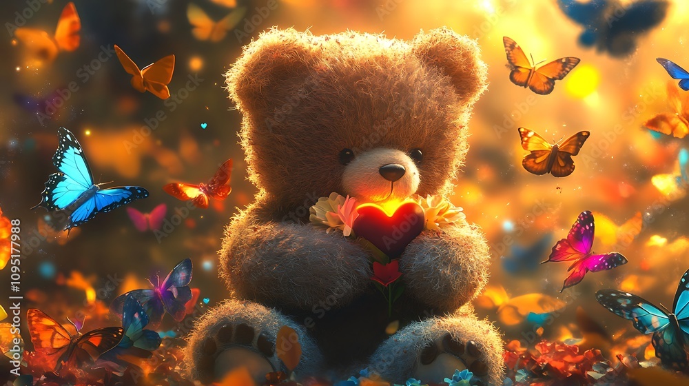 A Teddy Bear Holding a Heart Surrounded by Butterflies in a Golden Light A Teddy Bear Holding a Heart Surrounded by Butterflies in a Golden Light
