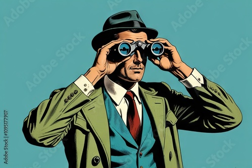 Vintage detective using binoculars to observe surroundings in a retro style illustration set against a blue background