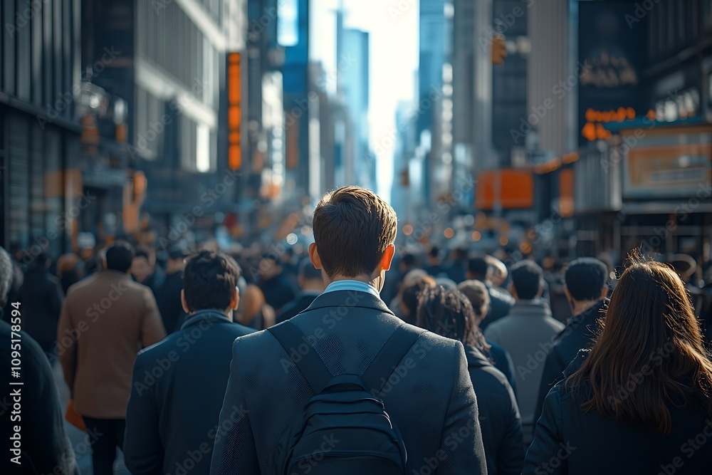 Professional with Backpack in Moving City Crowd, Blurred Background Professional with Backpack in Moving City Crowd, Blurred Background