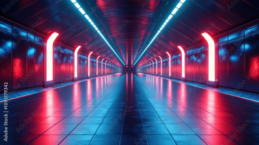 Futuristic Neon Corridor Red Blue Glowing Lights Sci Fi Tunnel 3D Render Futuristic Neon Corridor Red Blue Glowing Lights Sci Fi Tunnel 3D Render